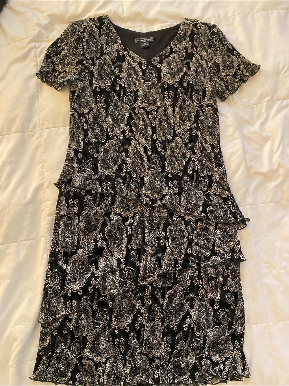 Christopher & Banks Black and White Paisley Tiered Short-Sleeve Dress